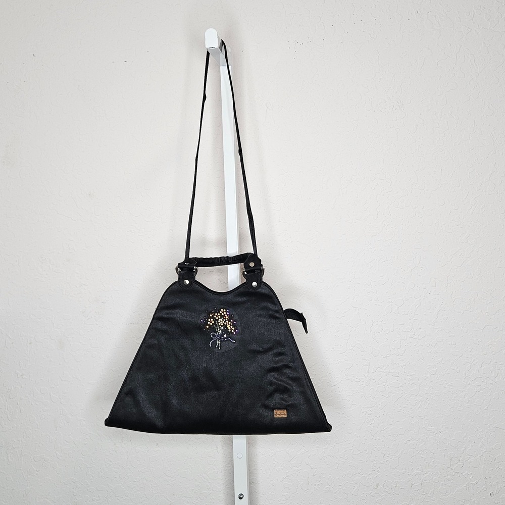 Montone Black Satin Trapezoid Shoulder Bag Rhinestone Floral Embellishment